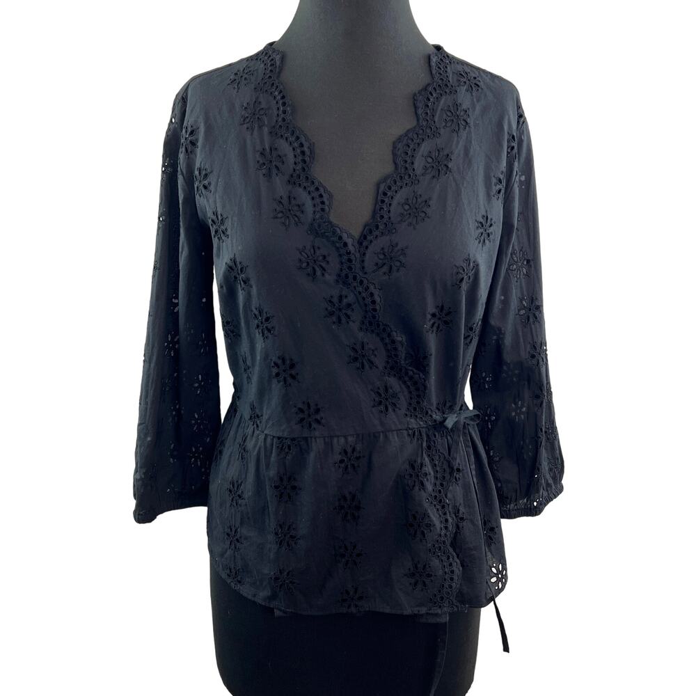 MADEWELL Scalloped Black Eyelet Wrap Top Blouse Cotton 3/4 Sleeve Size S Small